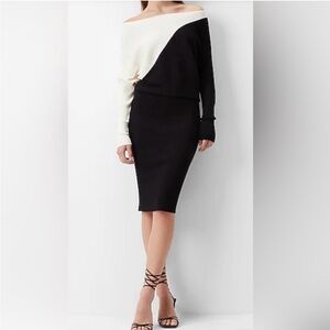 Color Block Asymmetrical Off the Shoulder Midi Sweater Dress
